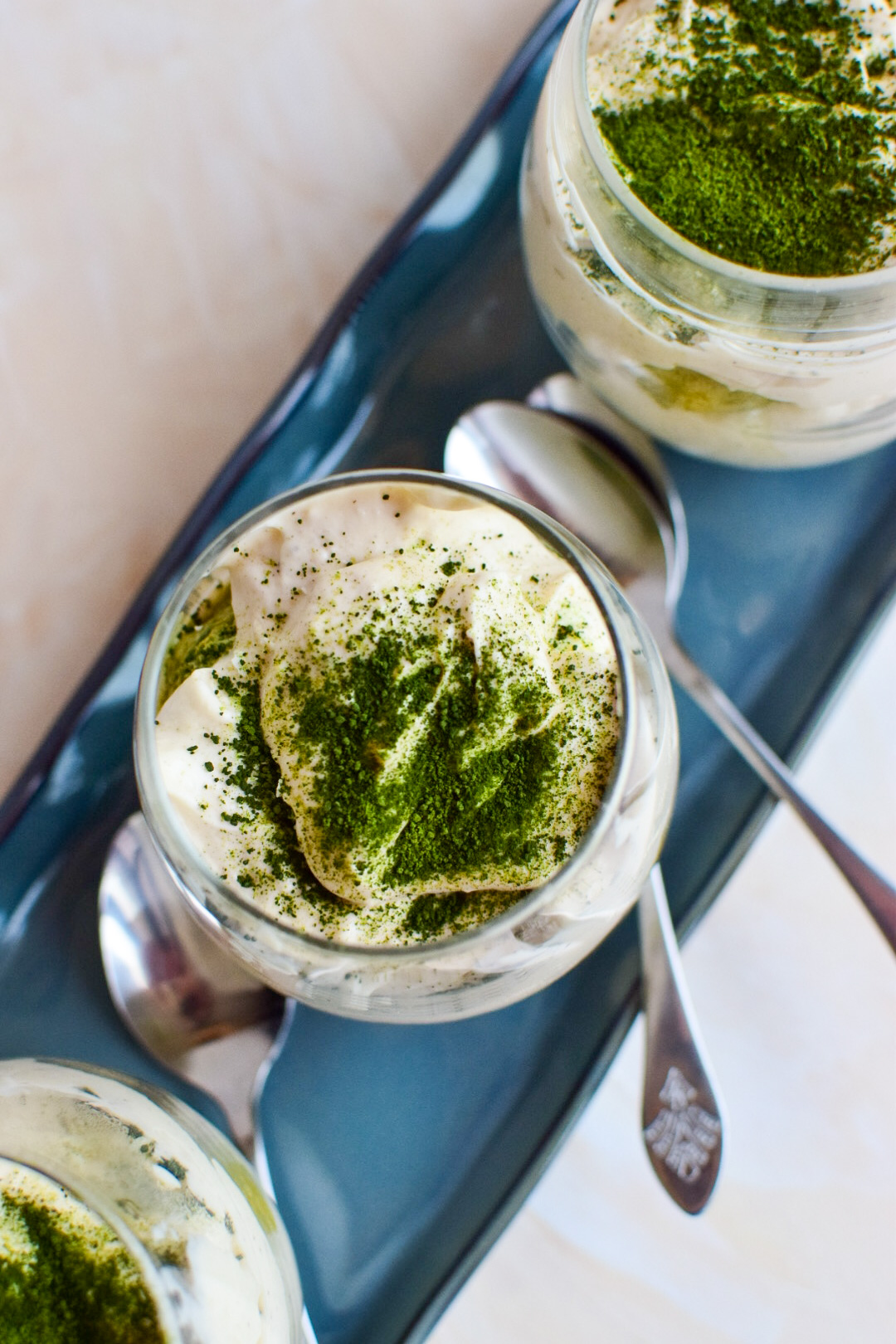 Close up of matcha tiramisu. 